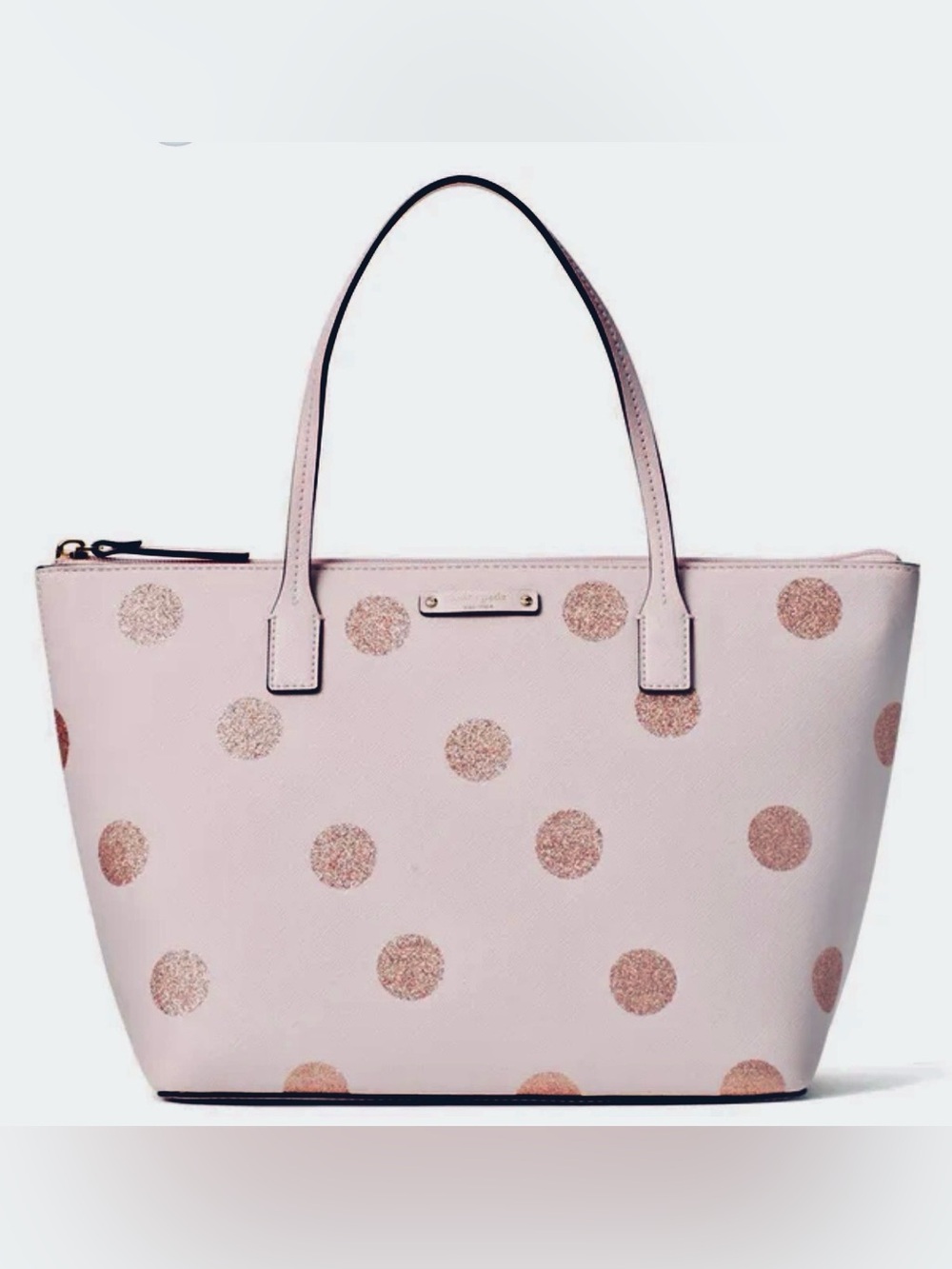 kate spade blush pink tote with rose gold polka dots